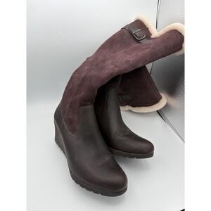 UGG Boots Womens Size 8.5 39.5 Brown Suede Shearling Knee High Wedge 1013887